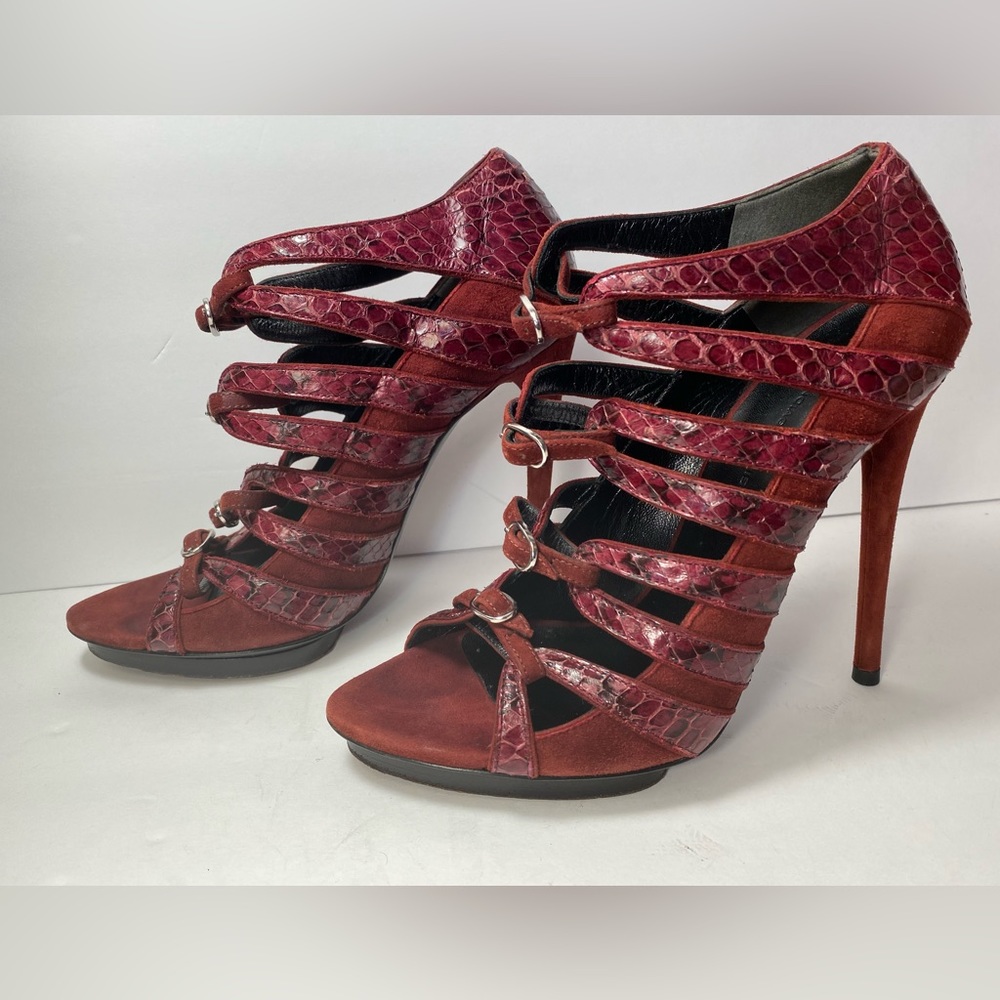 Balenciaga strappy sandals pumps heels suede snakeskin burgundy 37.5 7